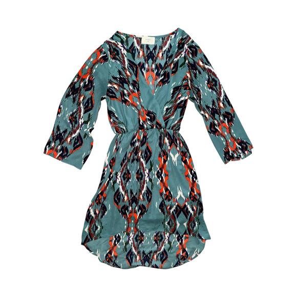 Everly Womens Dress Small Teal Multicolor Ikat Print Long Sleeve Lined Mini Boho - Picture 2 of 7